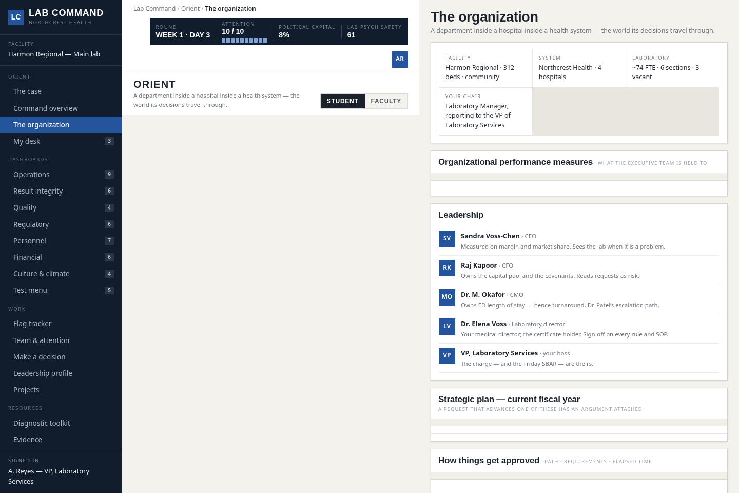 Lab Command — The organization: facility and system profile, leadership team, strategic plan and approval pathways
